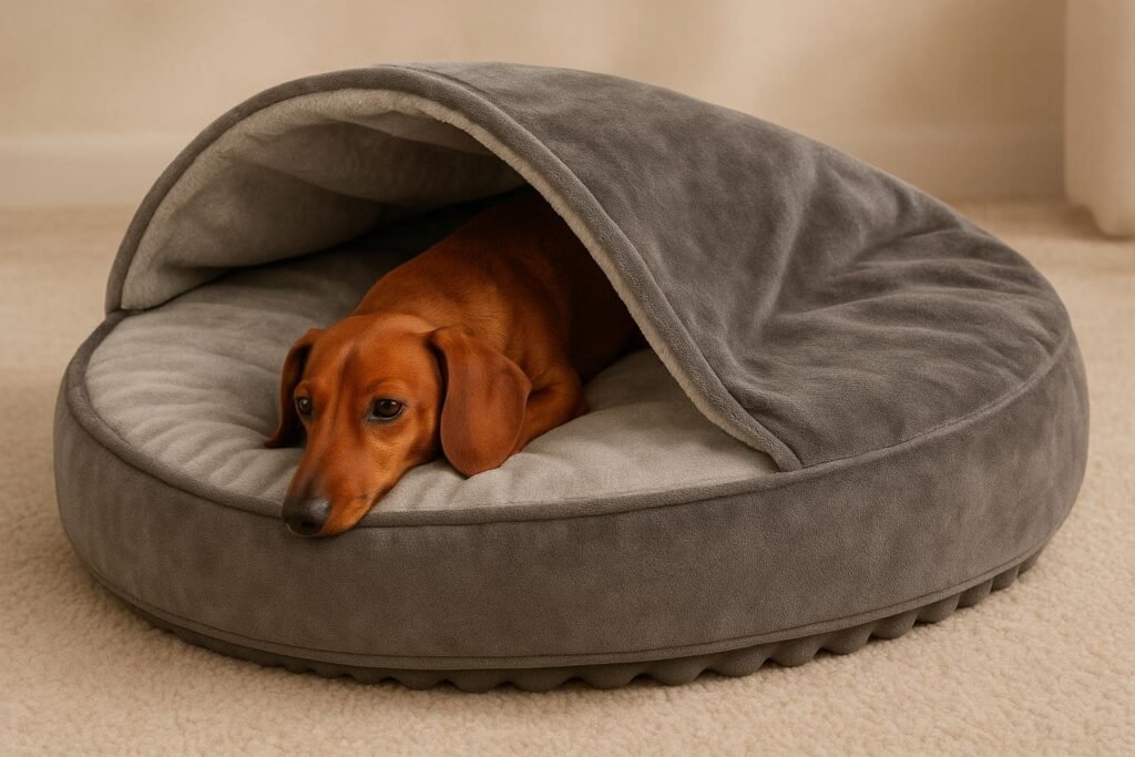 A cute Dachshund half-burrowed under the hood of a cave-style orthopedic dog bed made of soft microvelvet fabric. The dog’s head peeks out from the hood, looking cozy and relaxed. Placed in a warm-toned room with wooden floors and soft lighting.