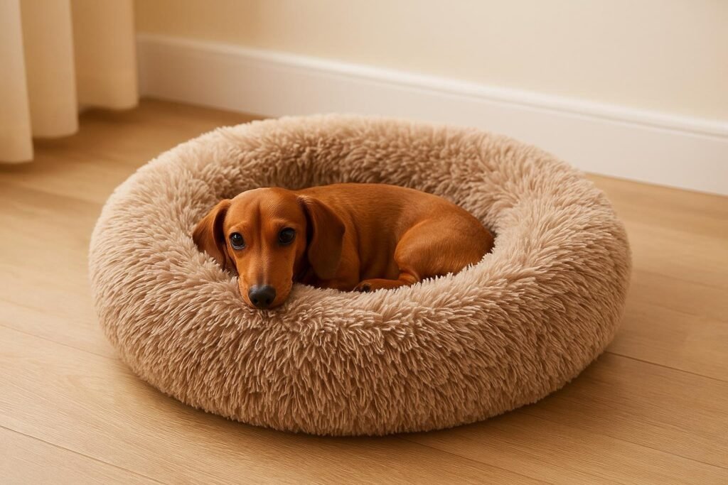 A playful Dachshund puppy curled up in a fluffy beige donut cuddler dog bed with raised edges, looking content and secure. The bed is on a carpeted floor in a bright, minimalistic living room with natural light. Maybe a small toy nearby for extra cuteness.
