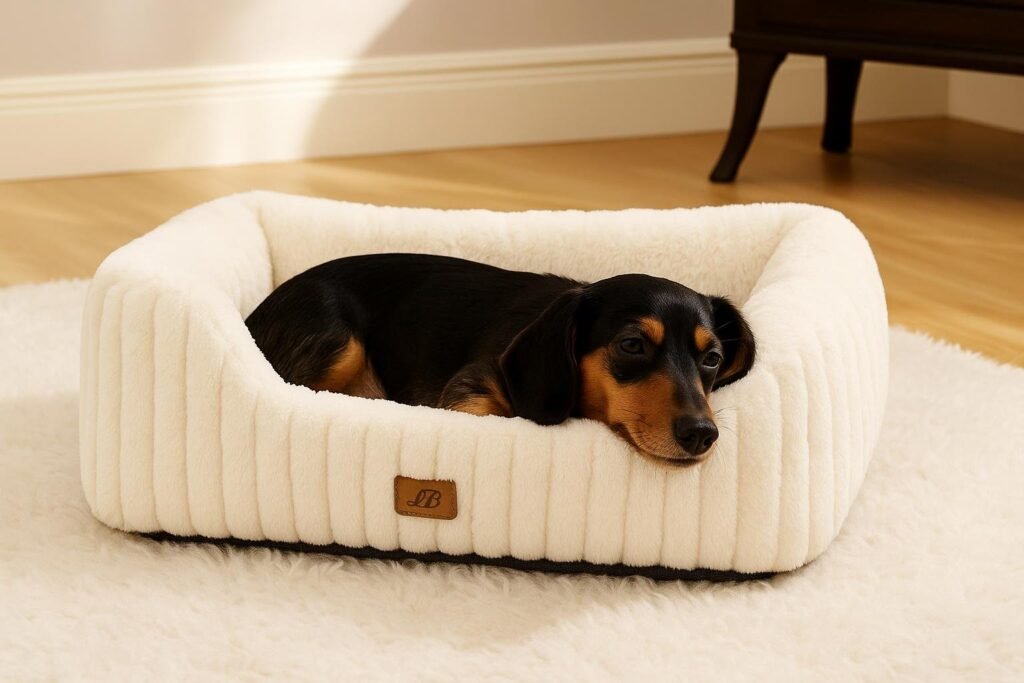 A small Dachshund laying with its head resting on the plush raised edge of a cream-colored orthopedic dog bed covered in soft rabbit-like faux fur. The bed is placed in a modern, clean living room with soft neutral tones and gentle indoor lighting.