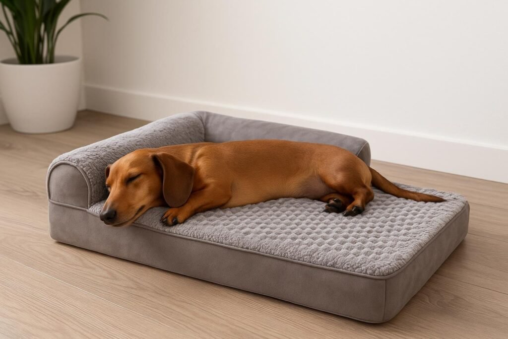 An adult Dachshund stretched out on an L-shaped chaise orthopedic dog bed, resting its head on the raised armrest. The bed has soft faux fur and suede fabric, placed near a cozy couch in a living room, with modern decor and warm lighting.