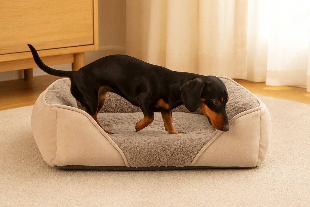A realistic Dachshund stepping into a light grey plush rectangular dog bed with raised bolstered edges and a lowered front edge for easy entry. The bed has a non-slip bottom, placed on a hardwood floor in a bright home setting, natural light streaming in.