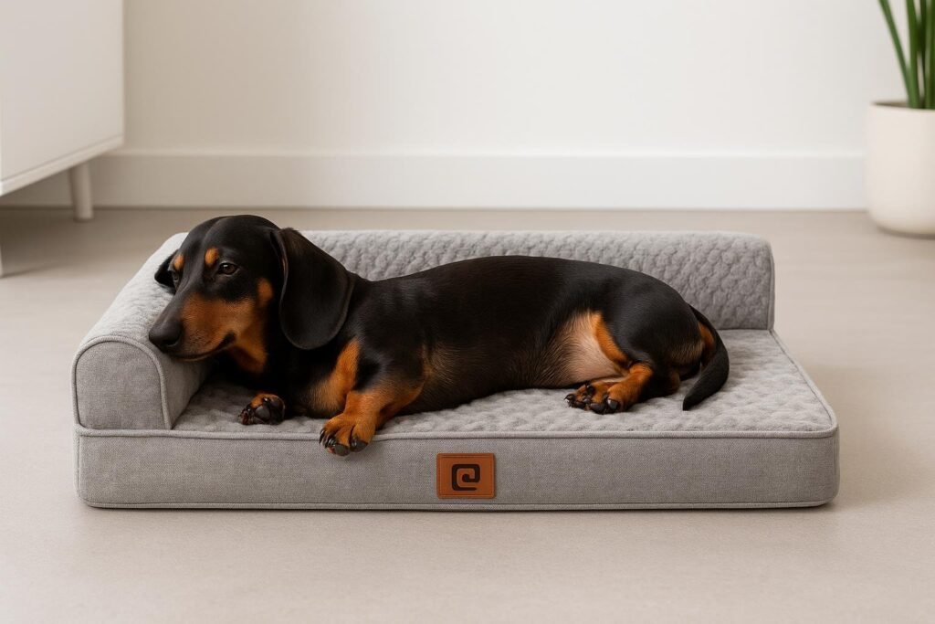 A small Dachshund laying on a thick rectangular orthopedic dog bed with egg-crate memory foam and L-shaped bolsters. The bed is covered in soft grey flannel, placed on a modern rug in a cozy living space with soft daylight and a relaxed atmosphere.