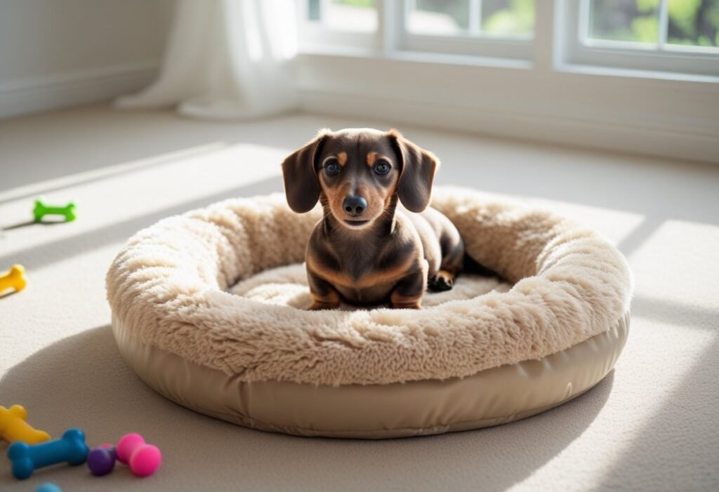 Orthopedic Dog Bed for Dachshunds - A playful Dachshund puppy rolling around or chewing a soft toy on a light-colored orthopedic dog bed with raised sides. The bed is placed in a sunny room, soft throw blanket nearby, fun and joyful atmosphere.