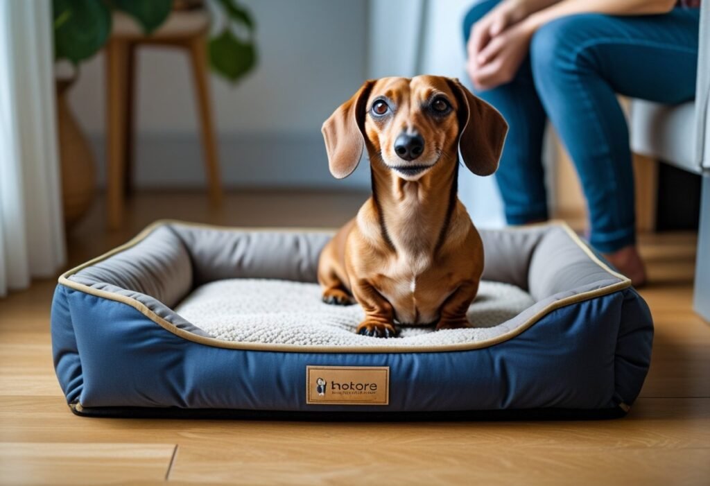 A loving scene of a Dachshund sitting or laying on its orthopedic dog bed, looking up happily at its owner’s hand reaching down to pet it. The bed is a soft, supportive model with bolsters, placed in a cozy room with homey details. A loving scene of a Dachshund sitting or laying on its orthopedic dog bed, looking up happily at its owner’s hand reaching down to pet it. The bed is a soft, supportive model with bolsters, placed in a cozy room with homey details.