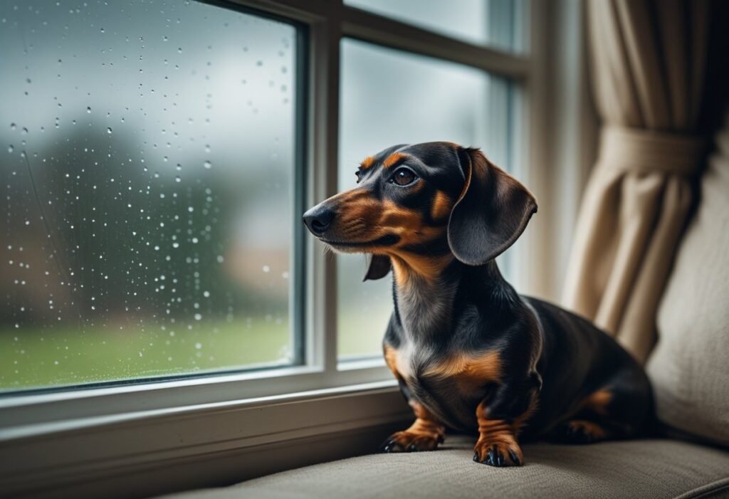 Dachshund sitting on a windowsill, gazing outside with a longing expression.