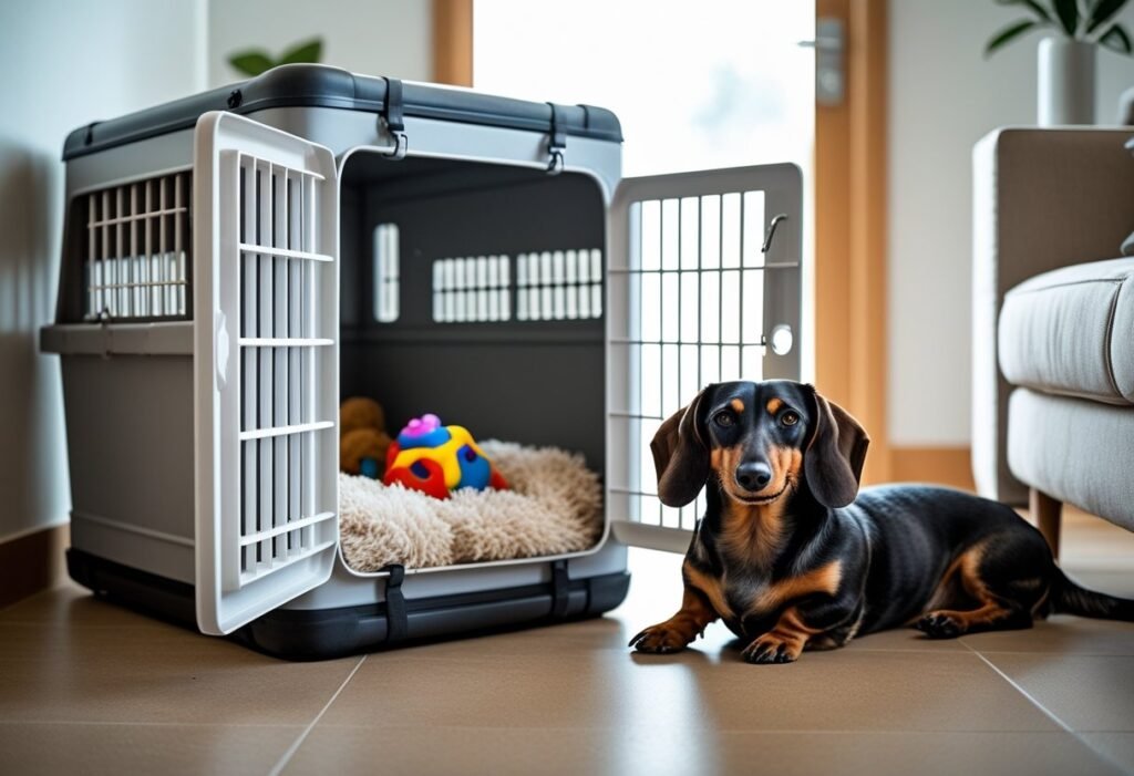 Open crate with soft bedding and toys beside a relaxed Dachshund, showing crate as a safe space.