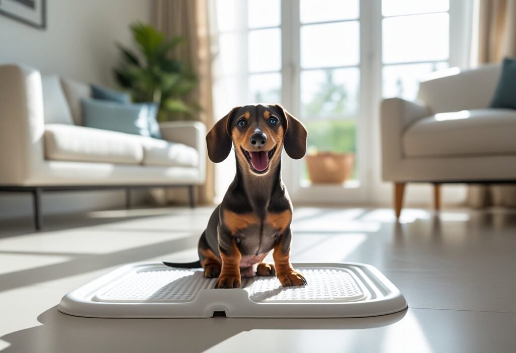 Happy Dachshund puppy sitting beside a clean training pad in a bright living room with modern furniture and sunlight streaming in.