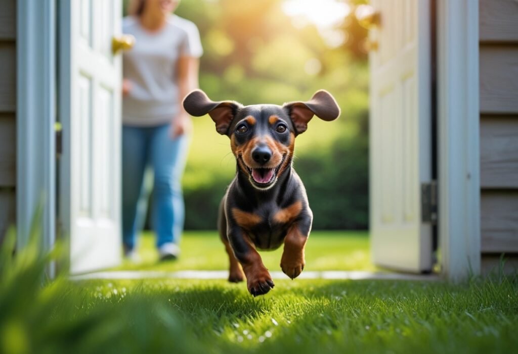 Excited Dachshund puppy running toward the backyard through an open door while the smiling owner watches proudly.