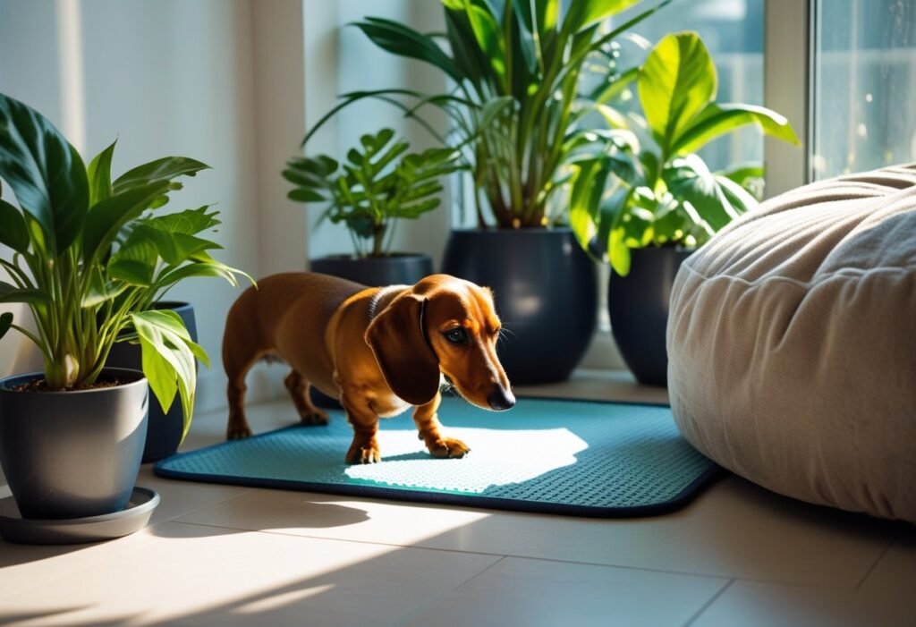 Curious Dachshund puppy sniffing a clean potty area in a cozy indoor corner with plants, toys, and soft sunlight.