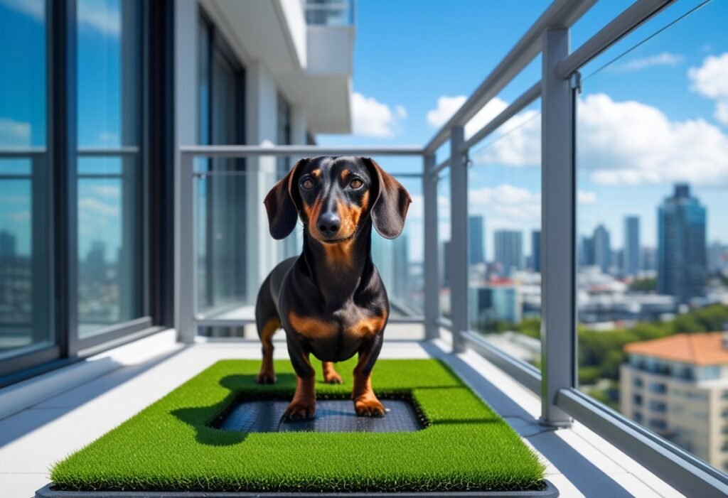 Stylish small balcony scene with a Dachshund standing confidently on a fake grass potty patch against a cityscape.