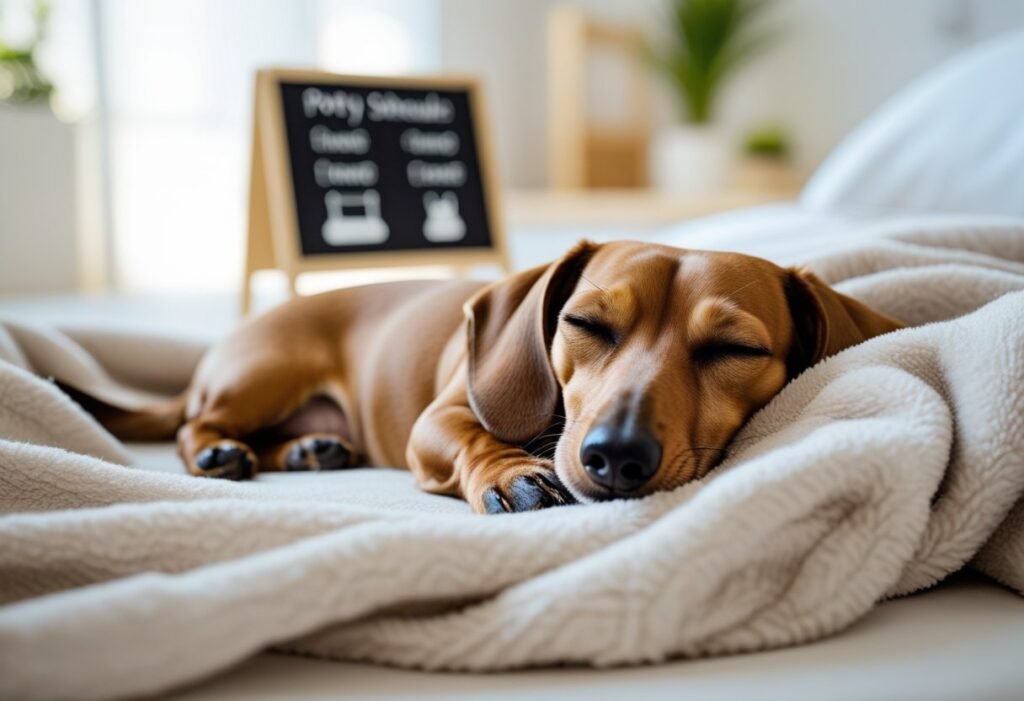 Dachshund peacefully sleeping after training next to a handwritten potty schedule board in a tidy space.