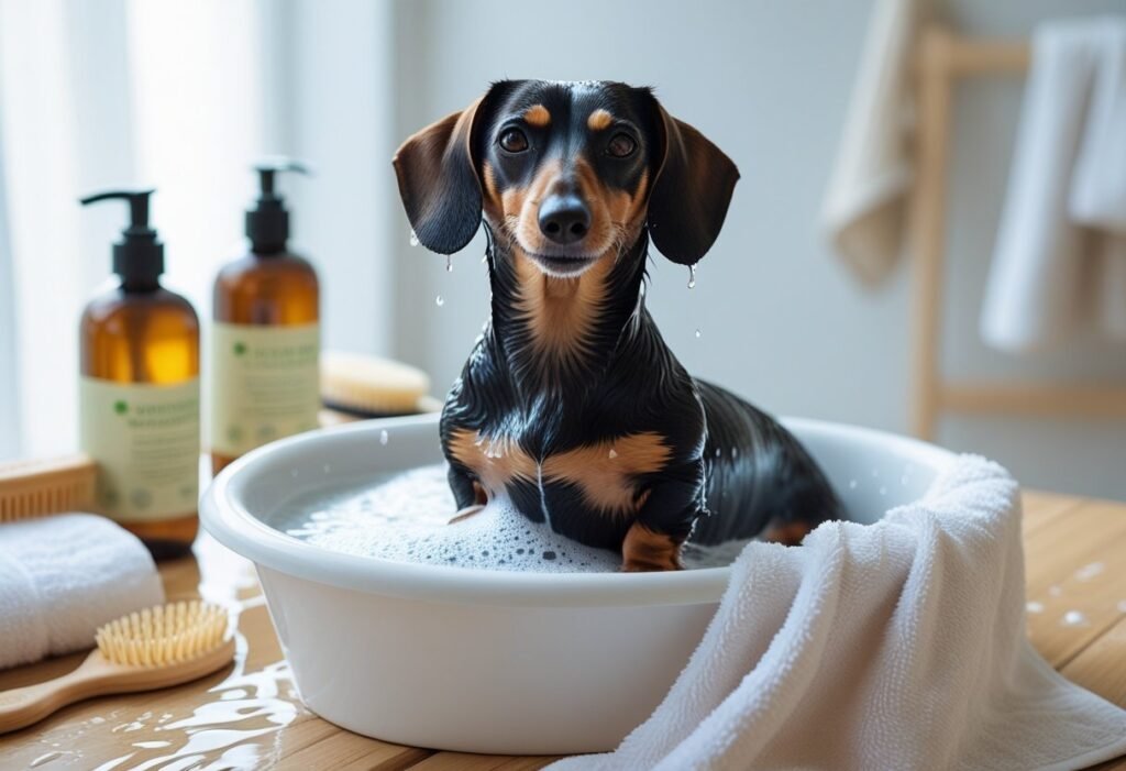 Short-haired Dachshund enjoying a gentle bath in a tub with natural dog shampoo and grooming supplies.
