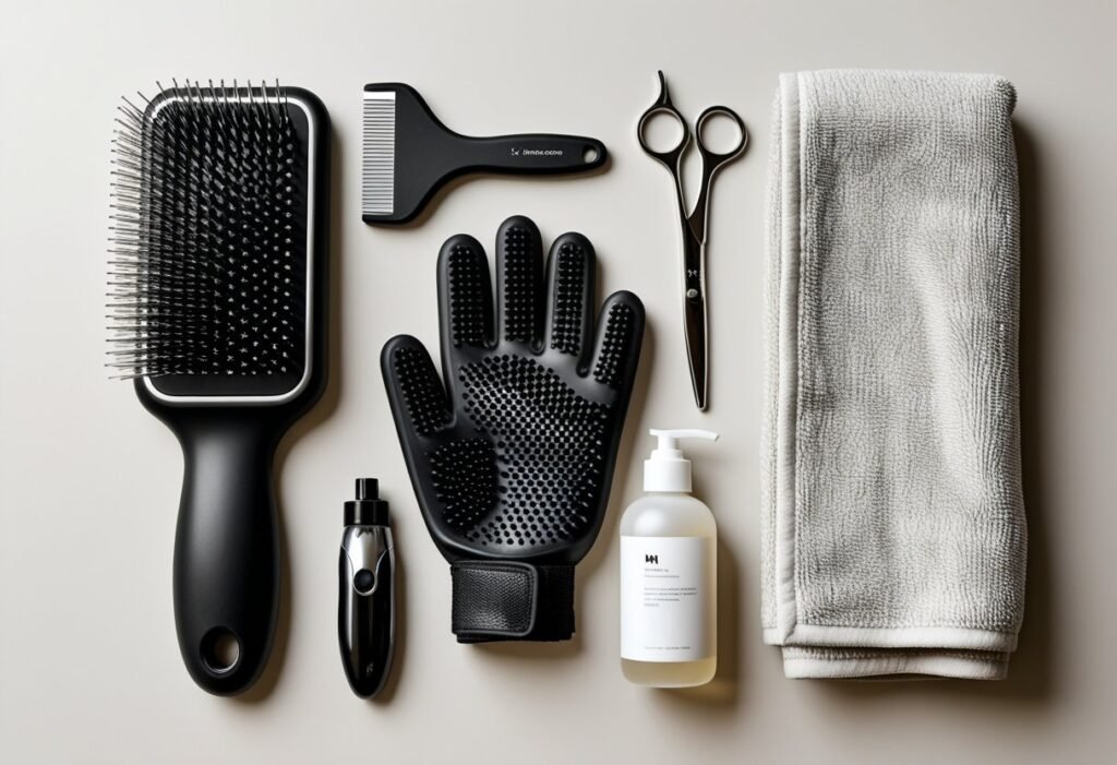 Flat lay of grooming essentials for short-haired Dachshunds including brush, glove, shampoo, and towel.