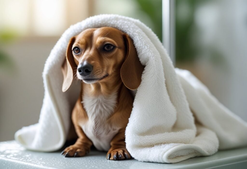 Freshly bathed short-haired Dachshund wrapped in a towel, looking relaxed and clean.