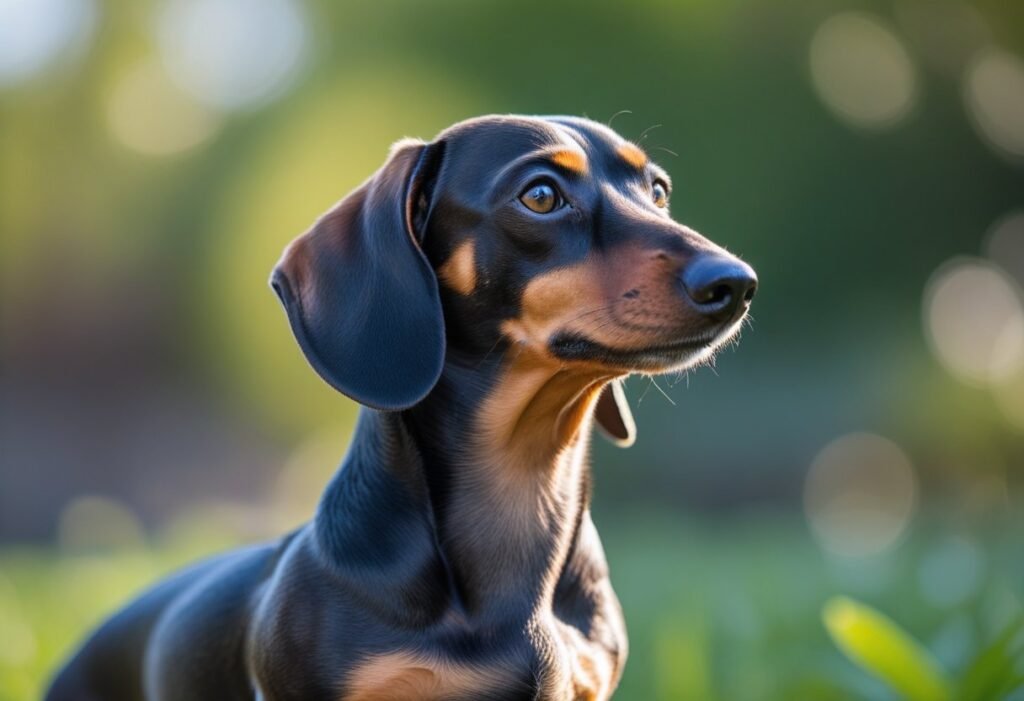 Short-haired Dachshund with a shiny, healthy coat standing in the sun on a grassy lawn.