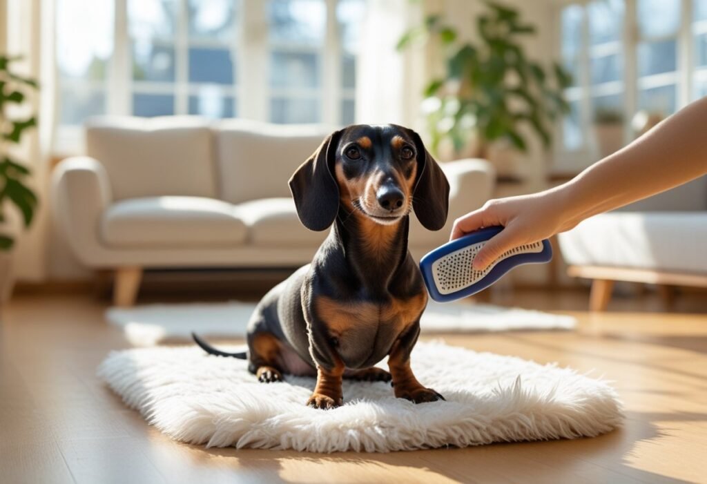 Owner gently brushing a short-haired Dachshund on a soft mat during a home grooming session.