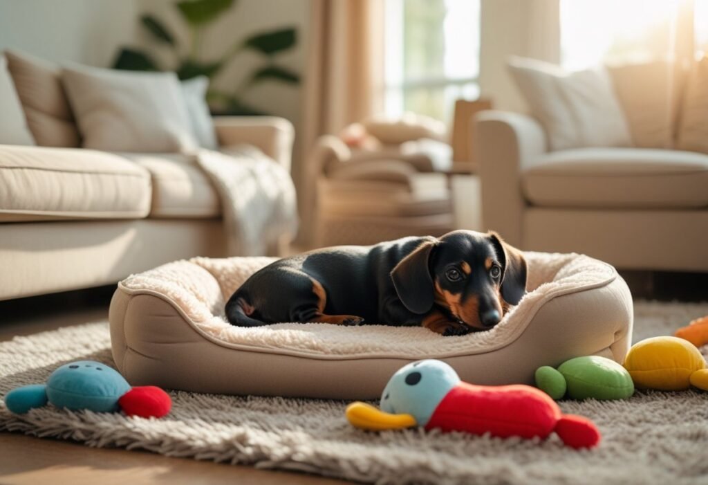 Dachshund puppy resting in a cozy dog bed with toys in a calm, home setting