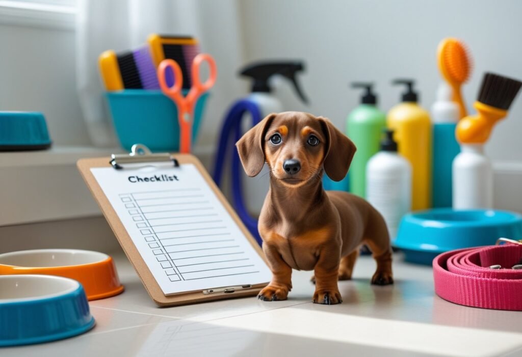Dachshund puppy next to a homecoming checklist and essential new puppy supplies