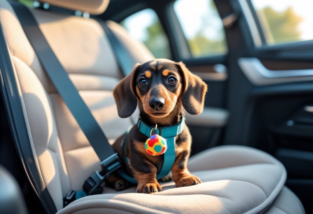 Dachshund puppy secured in a car seat with toy during ride to new home