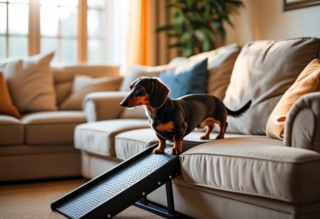 Dachshund using a dog ramp to get on a sofa safely in a cozy living room