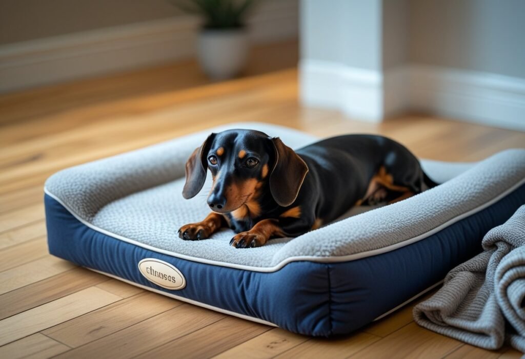 Dachshund lying on an orthopedic dog bed for spine support and IVDD prevention