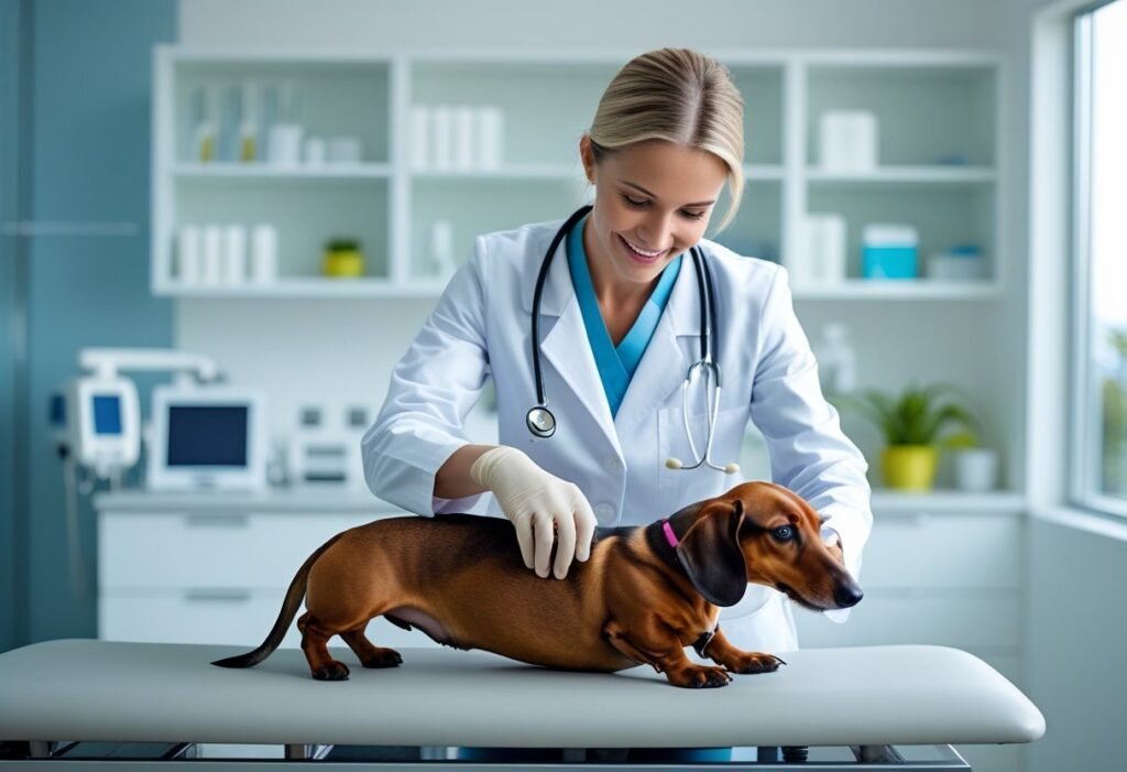 Dachshund receiving a spinal checkup at the veterinarian clinic