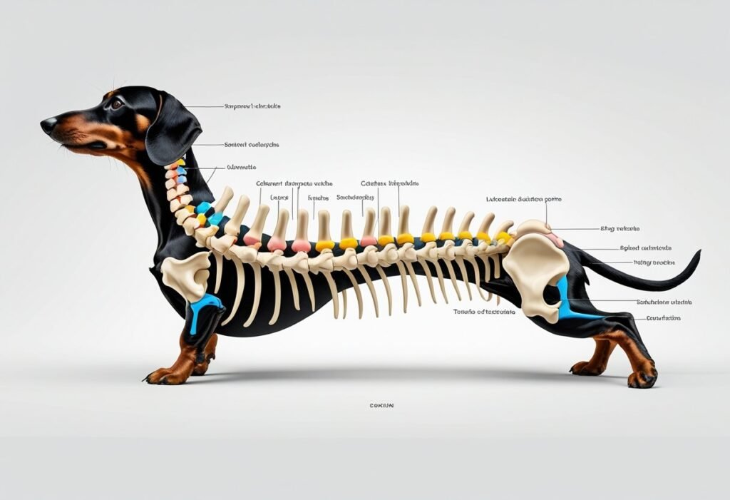 Illustration of Dachshund spine anatomy highlighting IVDD-prone areas
