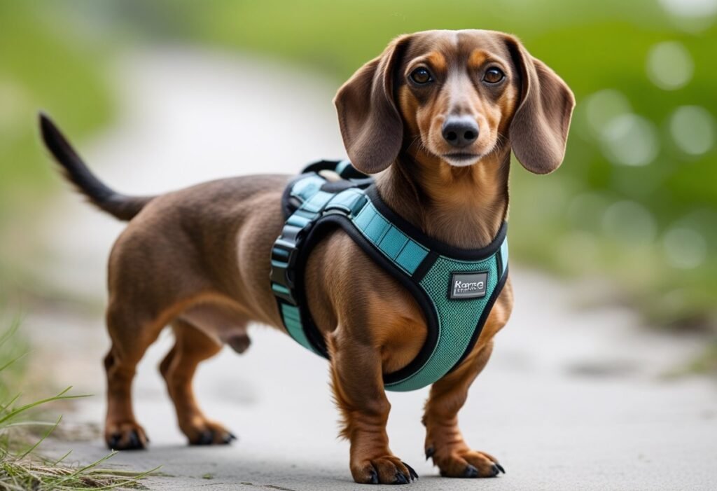 Brown Dachshund standing on grass with an orthopedic IVDD-safe dog harness
