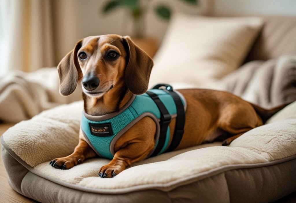 Senior Dachshund resting indoors while wearing a back-support IVDD harness