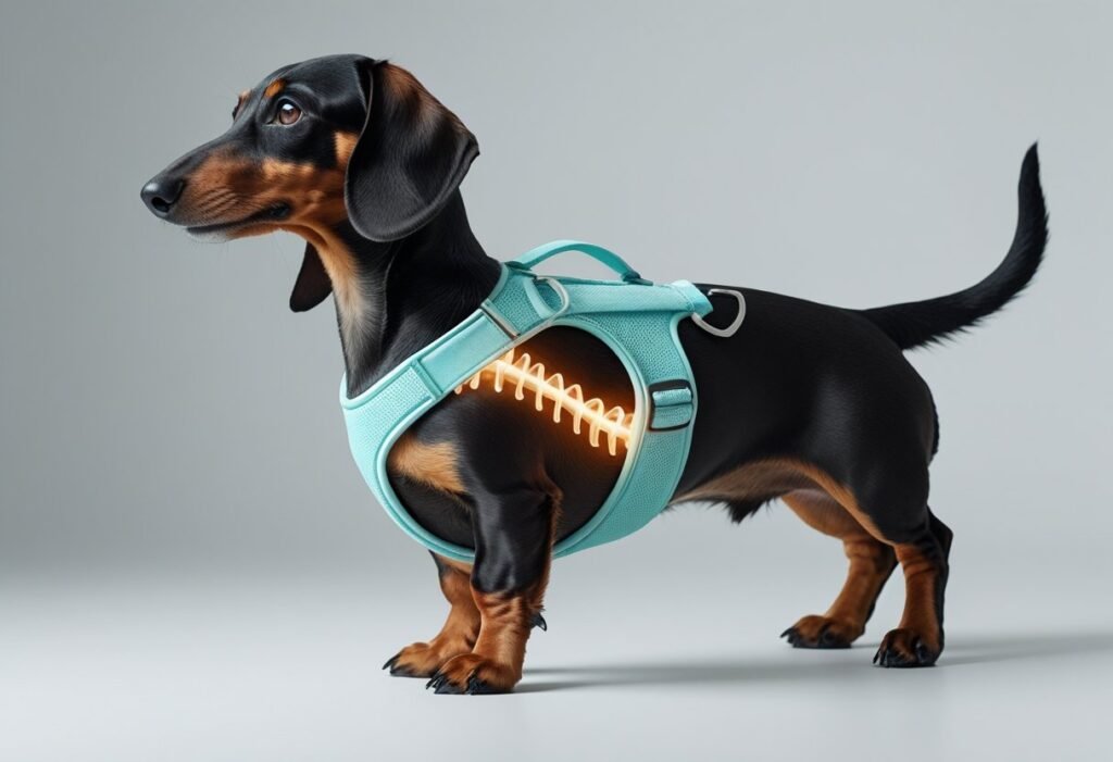 Illustration of Dachshund showing how IVDD harness supports spine and chest