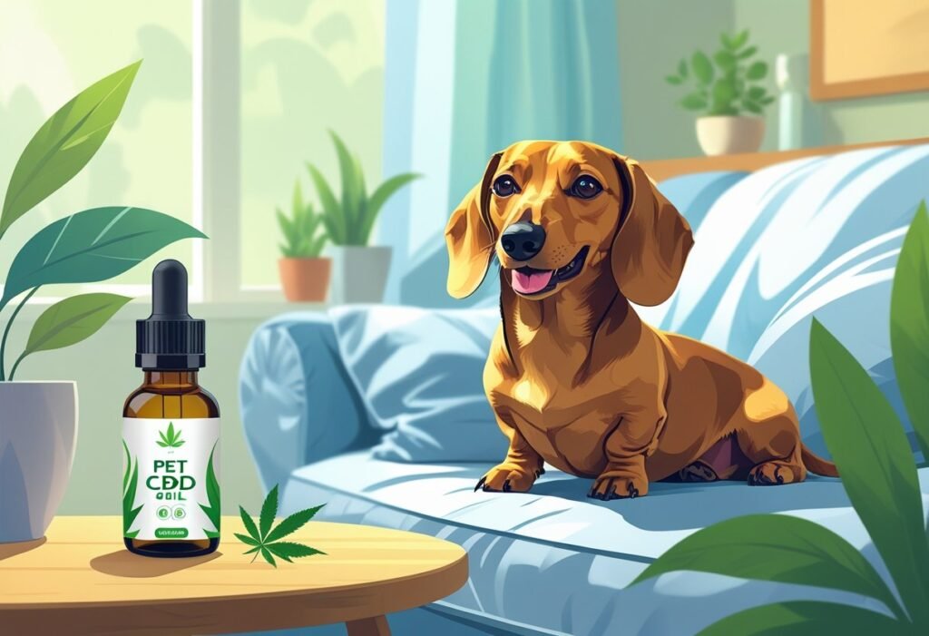 happy dachshund sitting on bed and innovate CBD oil on table