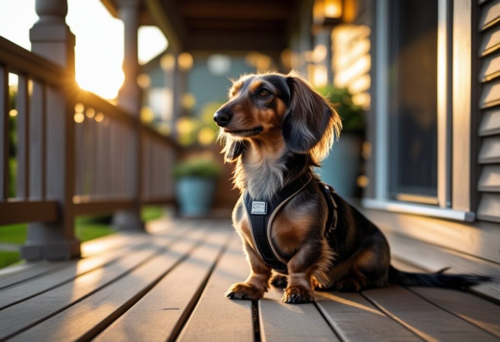 Long-haired Dachshund relaxing after a walk with an IVDD-support harness nearby