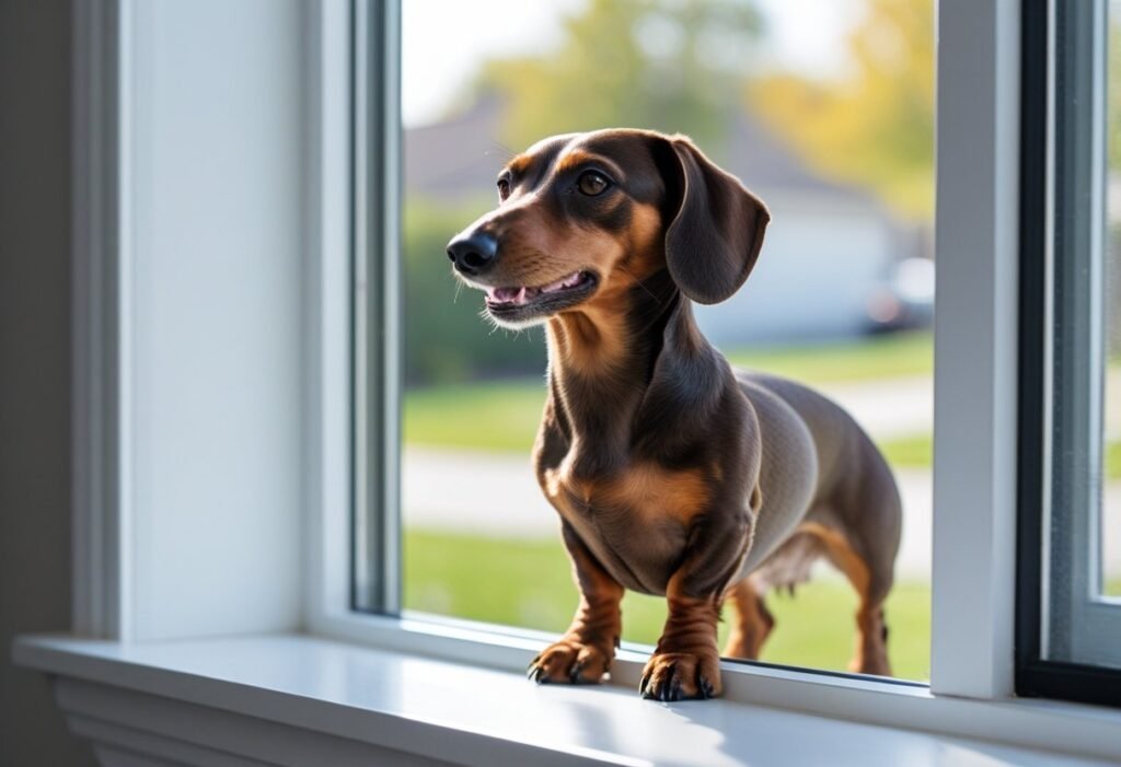 Dachshund barking while looking out a window in a territorial stance.