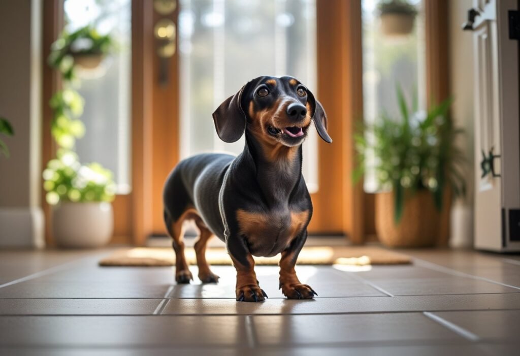 Dachshund barking near the front door in a cozy home setting.