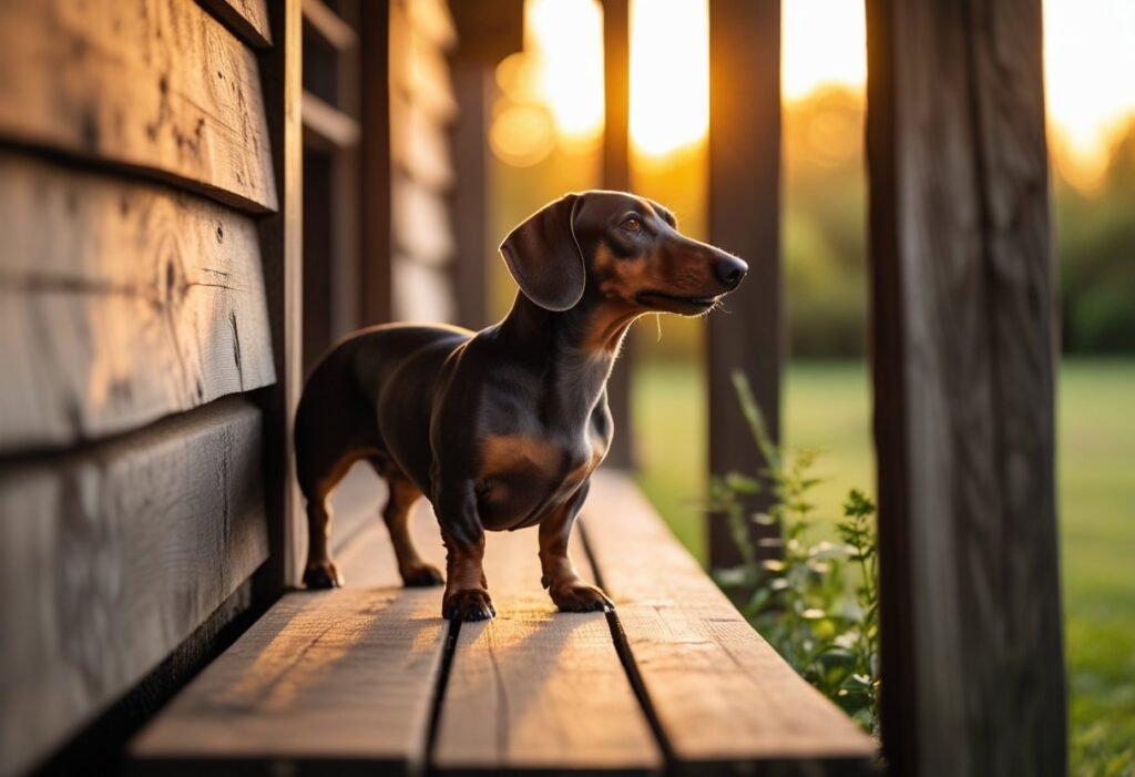 Dachshund barking from a wooden porch at sunset with glowing sky.