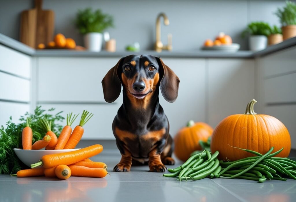 Feeding Dachshund a fresh bowl of carrots, green beans, and pumpkin for a healthy vegetarian diet