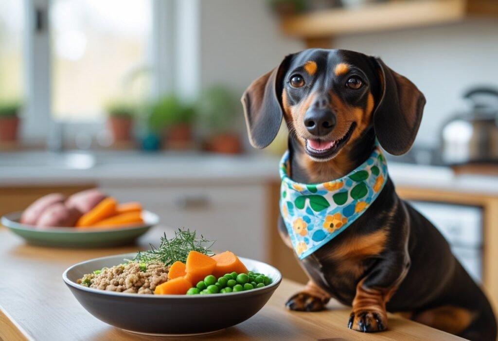 Happy Dachshund ready to eat a home-cooked vegetarian dog meal for health and longevity