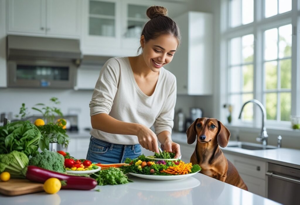 Pet parent preparing a healthy vegetarian meal for feeding Dachshund at home