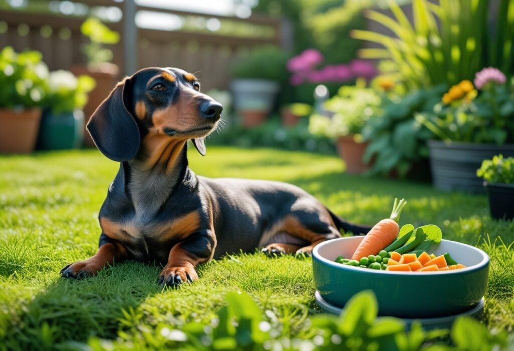 Senior Dachshund resting in the garden after being fed a nutritious vegetarian meal