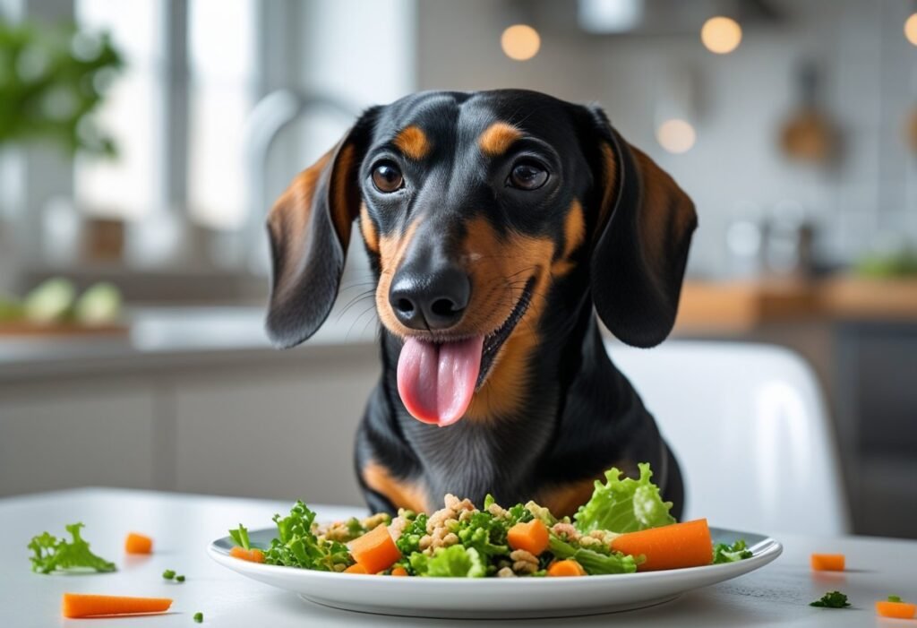 Feeding Dachshund a plant-based meal with veggies—dog licking lips after eating