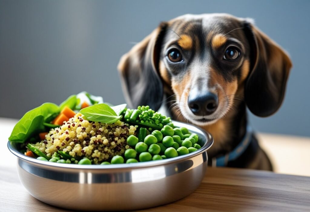 Feeding Dachshund with a plant-based diet including quinoa, peas, and leafy greens