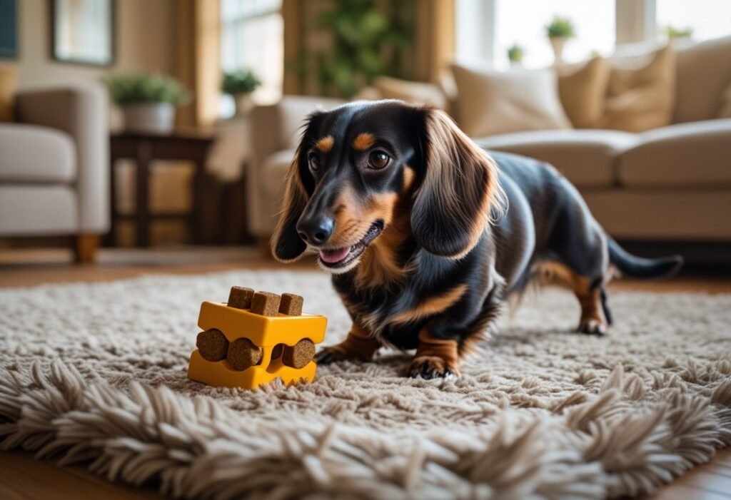 Dachshund mental exercise using a puzzle toy for safe indoor stimulation