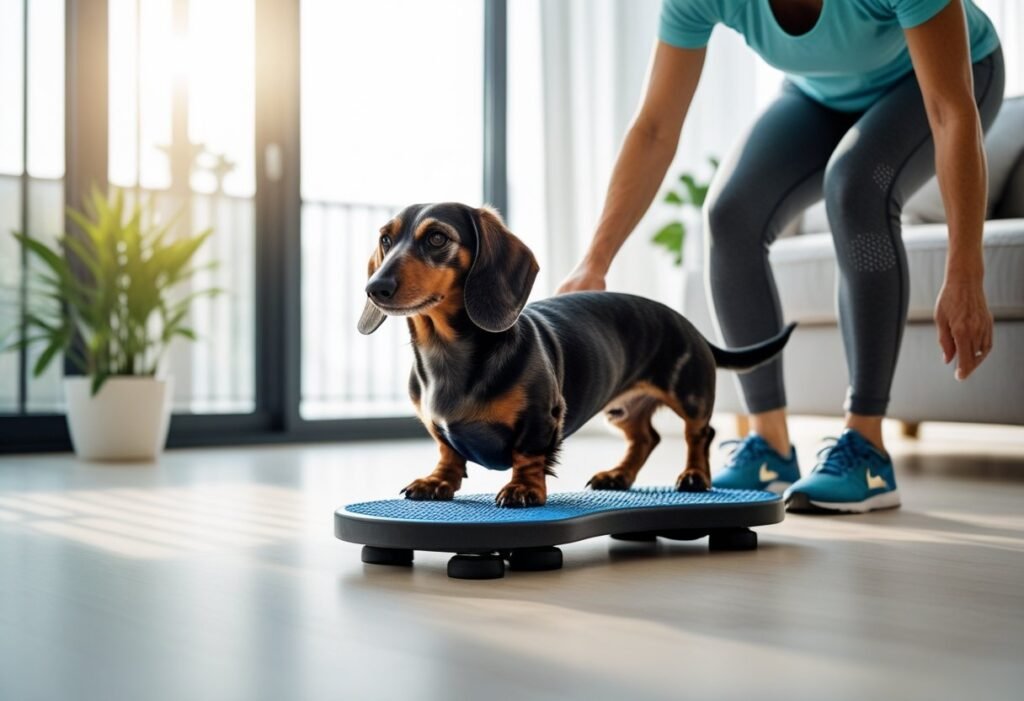 Senior Dachshund doing low-impact core exercise on a wobble board