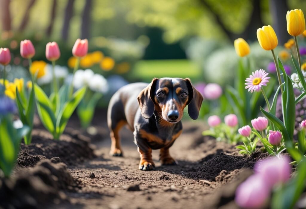 Dachshund exploring safely in a garden as part of daily exercise