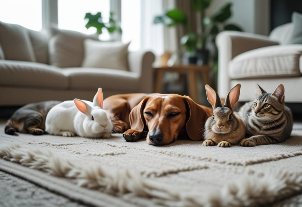 Multiple pets, including a Dachshund, lying peacefully in the same space