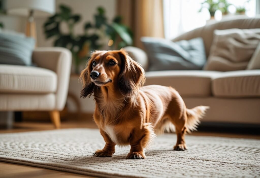 Dachshund showing stubborn behavior during obedience training session indoors