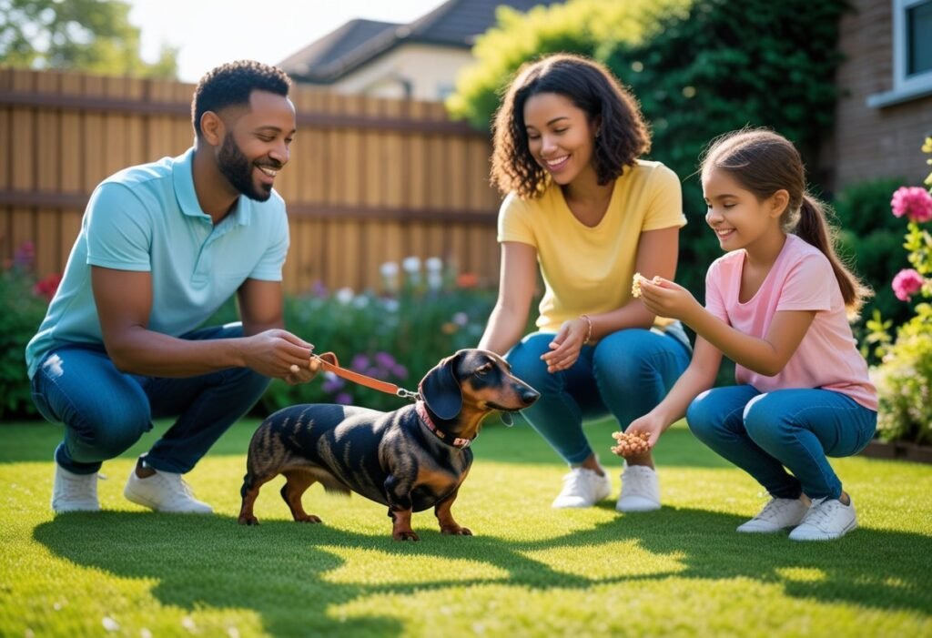 Family working together to train their stubborn Dachshund in the backyard
