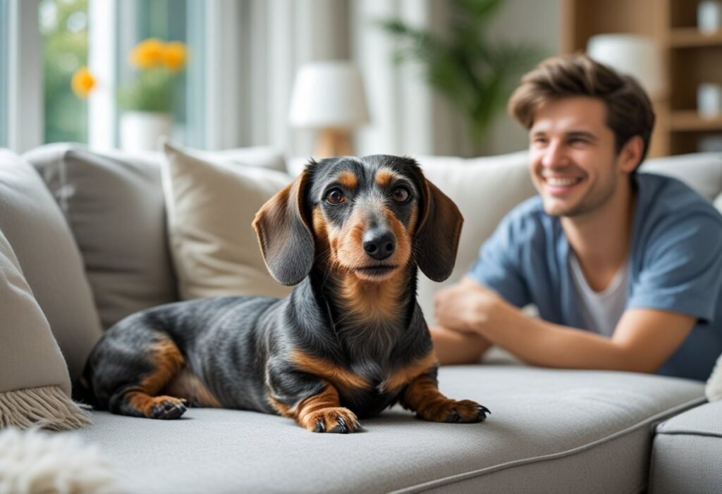 Wire-haired Dachshund ignoring a command and lying on the couch during training