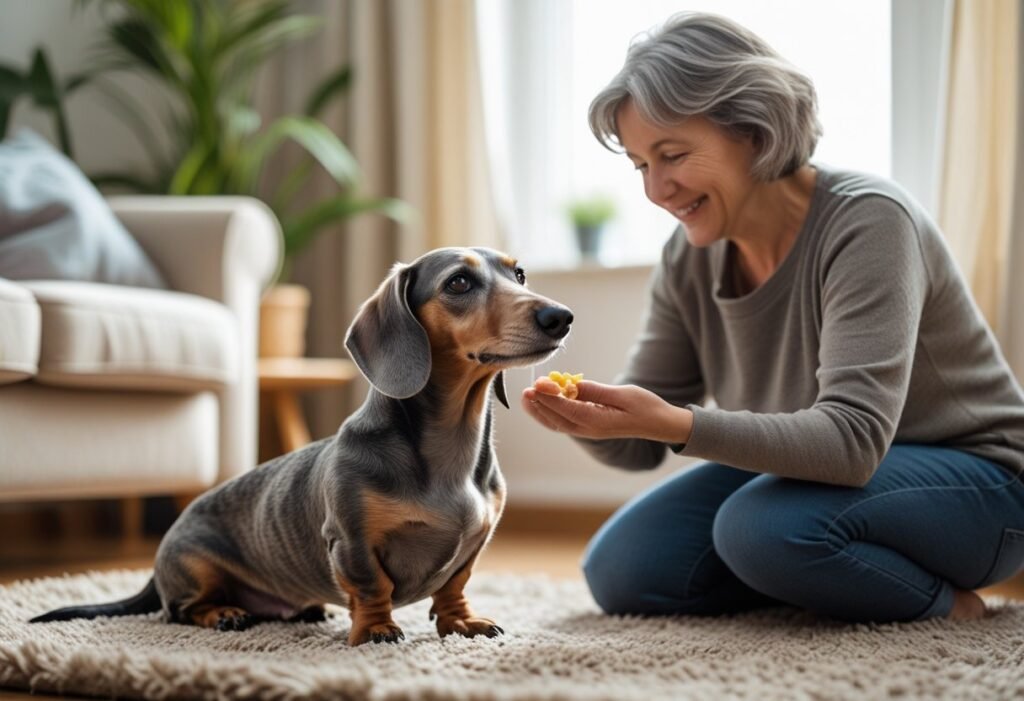 Senior Dachshund slowly responding to training with gentle owner guidance