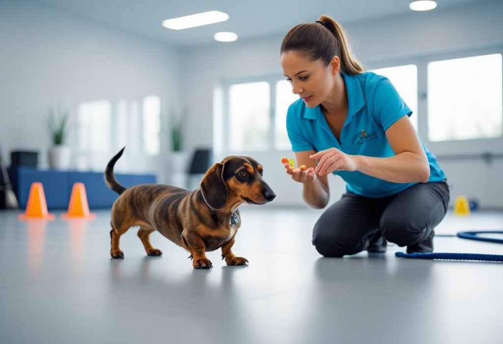 Professional trainer working patiently with a stubborn Dachshund indoors